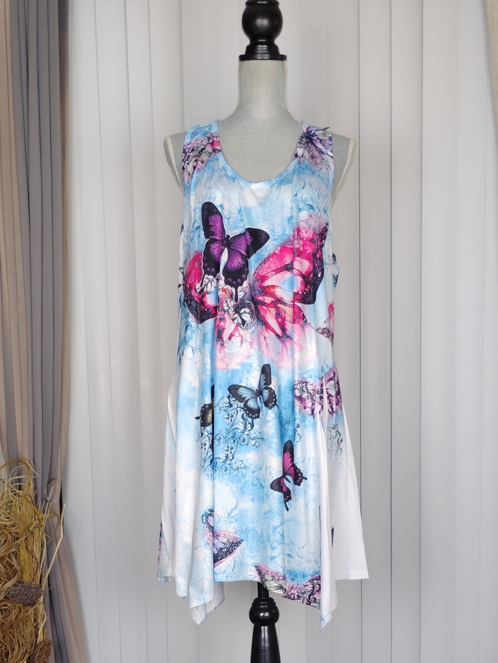 Butterfly Print Sleeveless Tunic Dress — Blue, Pink, Purple